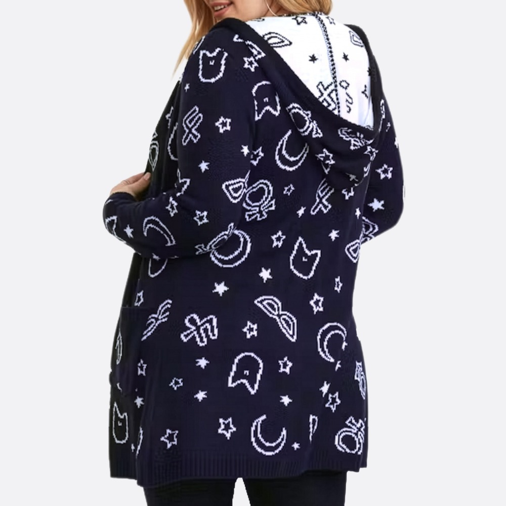 Torrid Sailor Moon Cat Star Intarsia Hooded Navy Cardigan M/L Tall Friendly